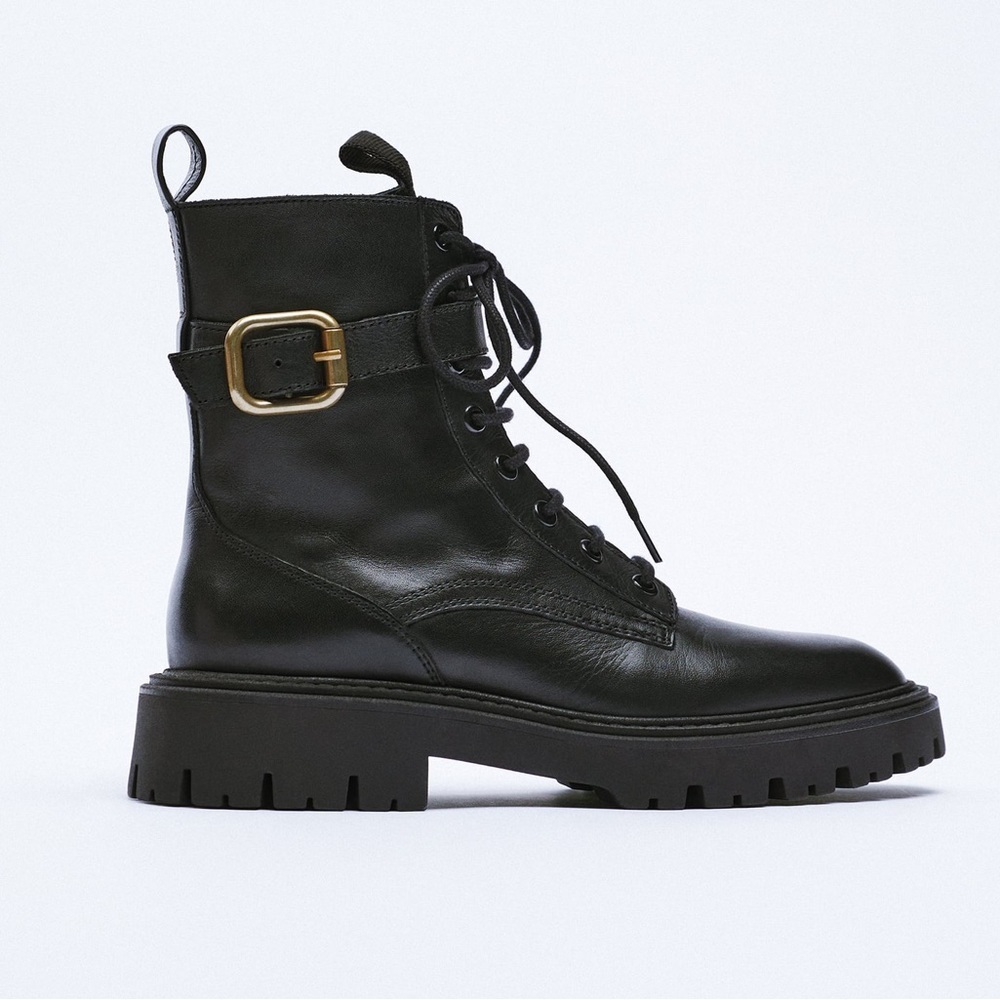 NWT. Zara Black Leather Laced Ankle Boots with Buckle. Size 10.